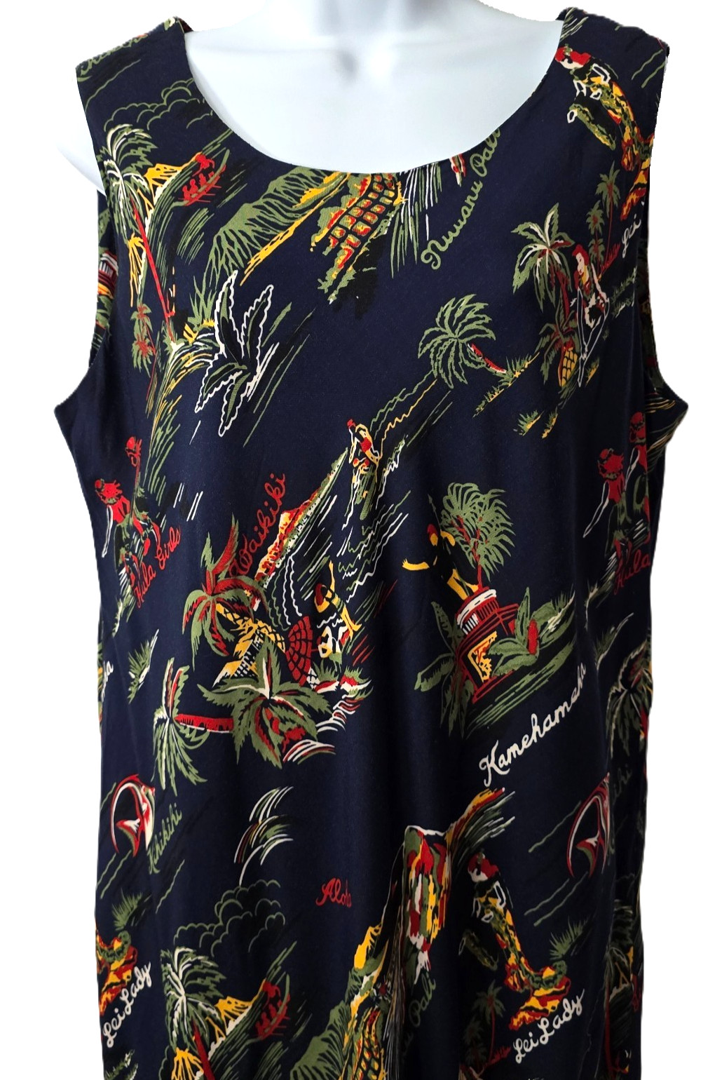 Vintage Hilo Hattie Maxi Dress 16 XL Island Palm Tree Print Navy Hawaiian Beach