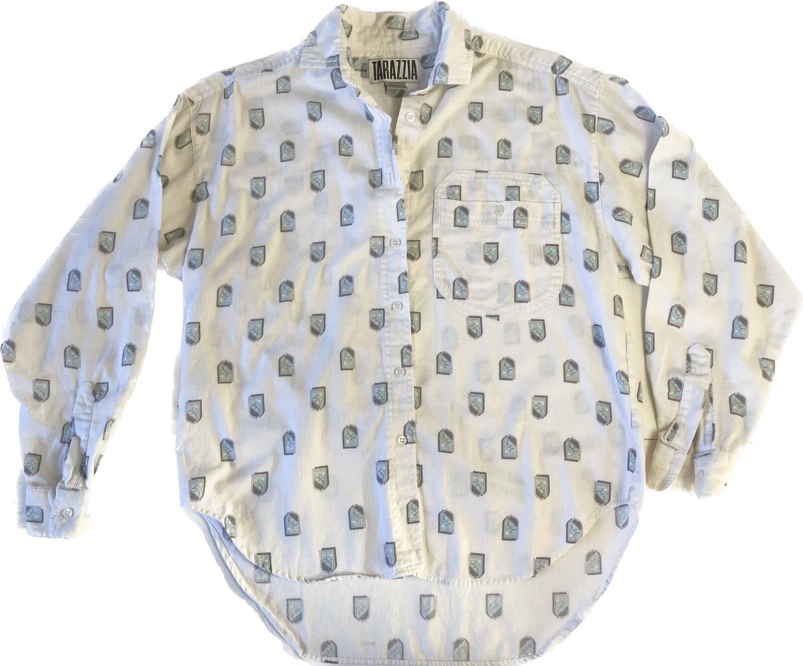 Tarazzia Button Up Shirt Women’s Size M White Gray Pink Pattern Blouse Vintage