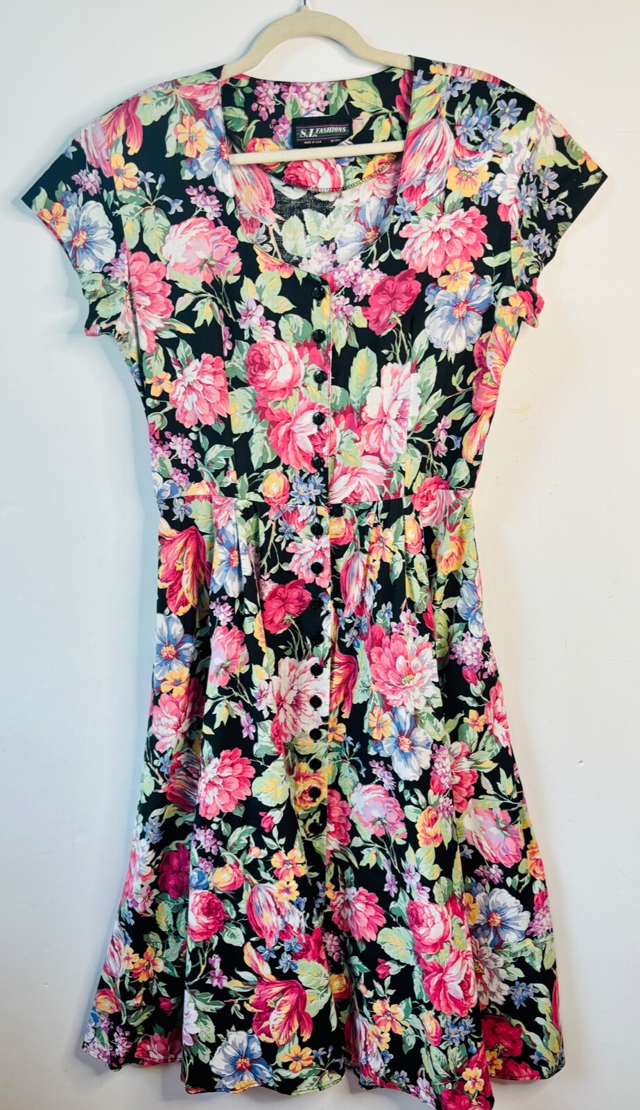 VTG 80’S-90’S SL FASHIONS FLORAL BLACK PINK COTTON TEA PARTY GARDEN DRESS*18 M/L