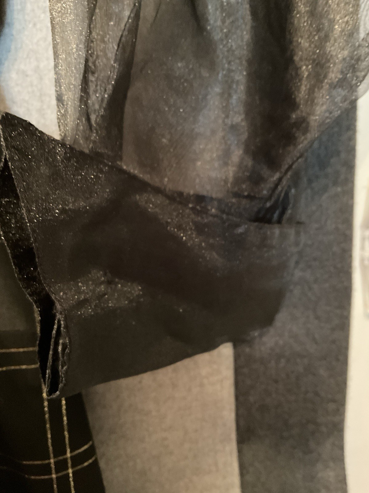 80’s Vintage Leslie Fay 6P Dress Black Gold Plaid Sheer Sleeve Cocktail Goth