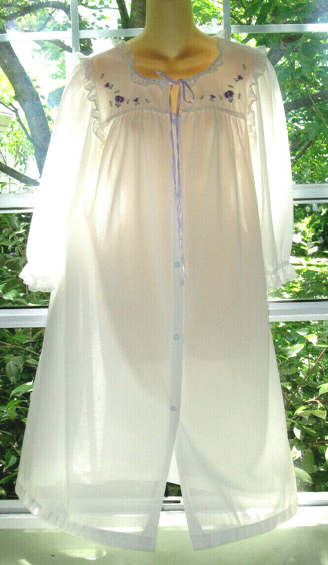 VTG Miss Elaine White Nylon Peignoir Robe Pansy Embroidery sz L ~ USA~ILGWU