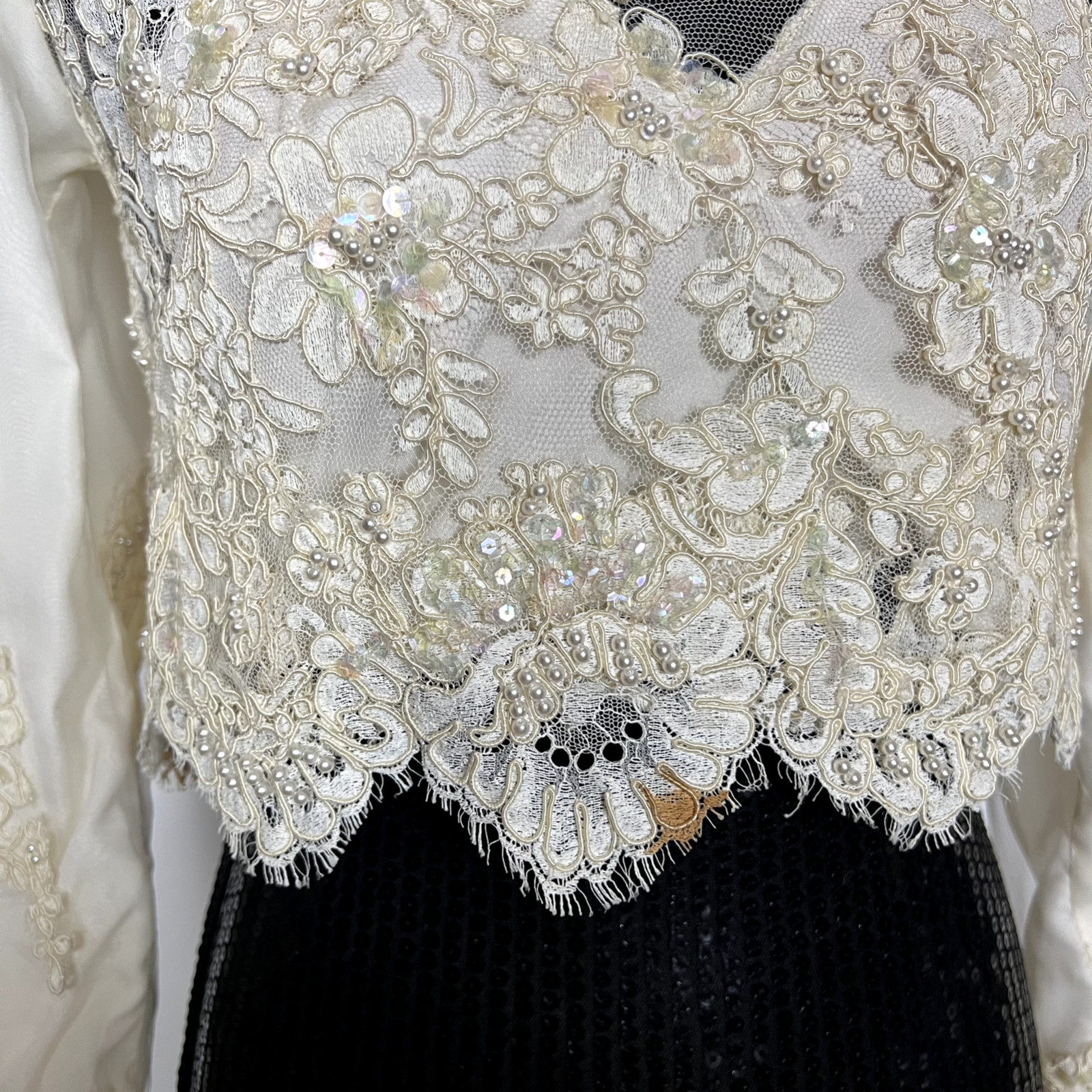 Pamela Caldwell Women Top Silk Lace Pearl Size XS S Ivory Hand made Vintage RARE