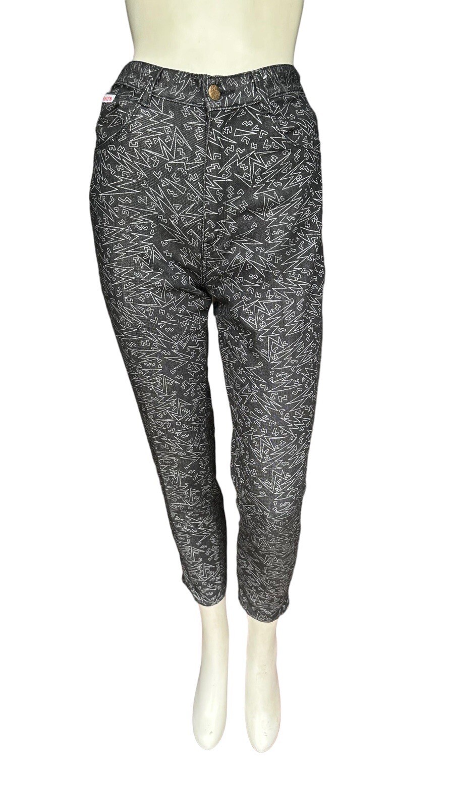 Vintage 90s Geometric Lightning Bolt Print Black & White Jeans 7/8 24″ Waist.