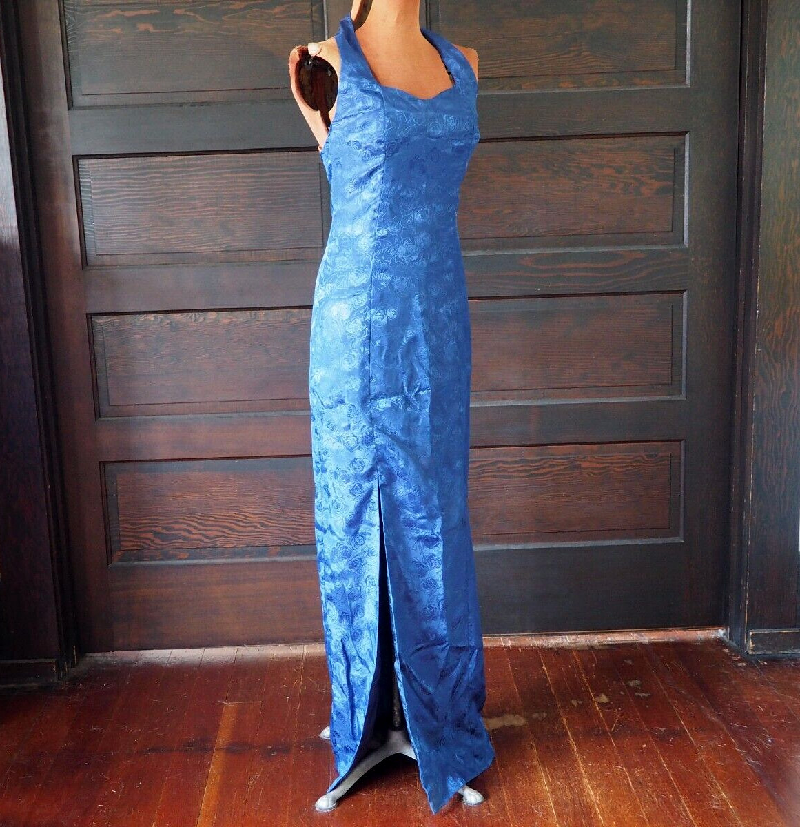 VTG 60s 70s Royal Blue Rose Sweetheart Halter Cocktail Party Formal Dress Sz S