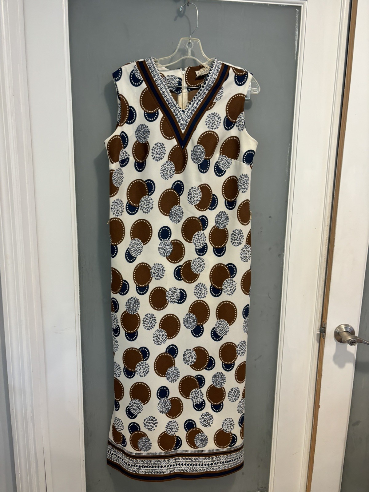 Vintage Honeycomb Ivory Brown Maxi Print Dress With Slit M *IGLWU*