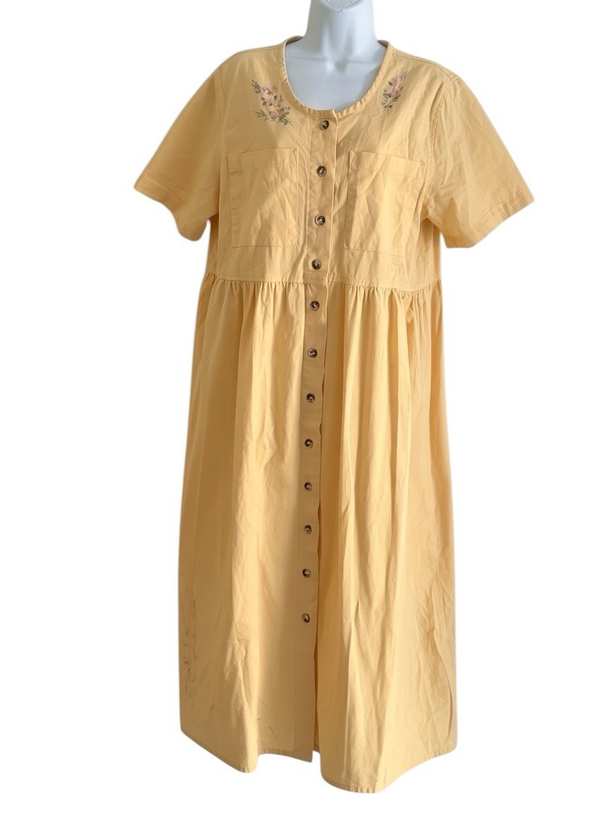Vintage 90s Sunbelt Midi Dress L Yellow Handpainted Floral Cotton Button Front