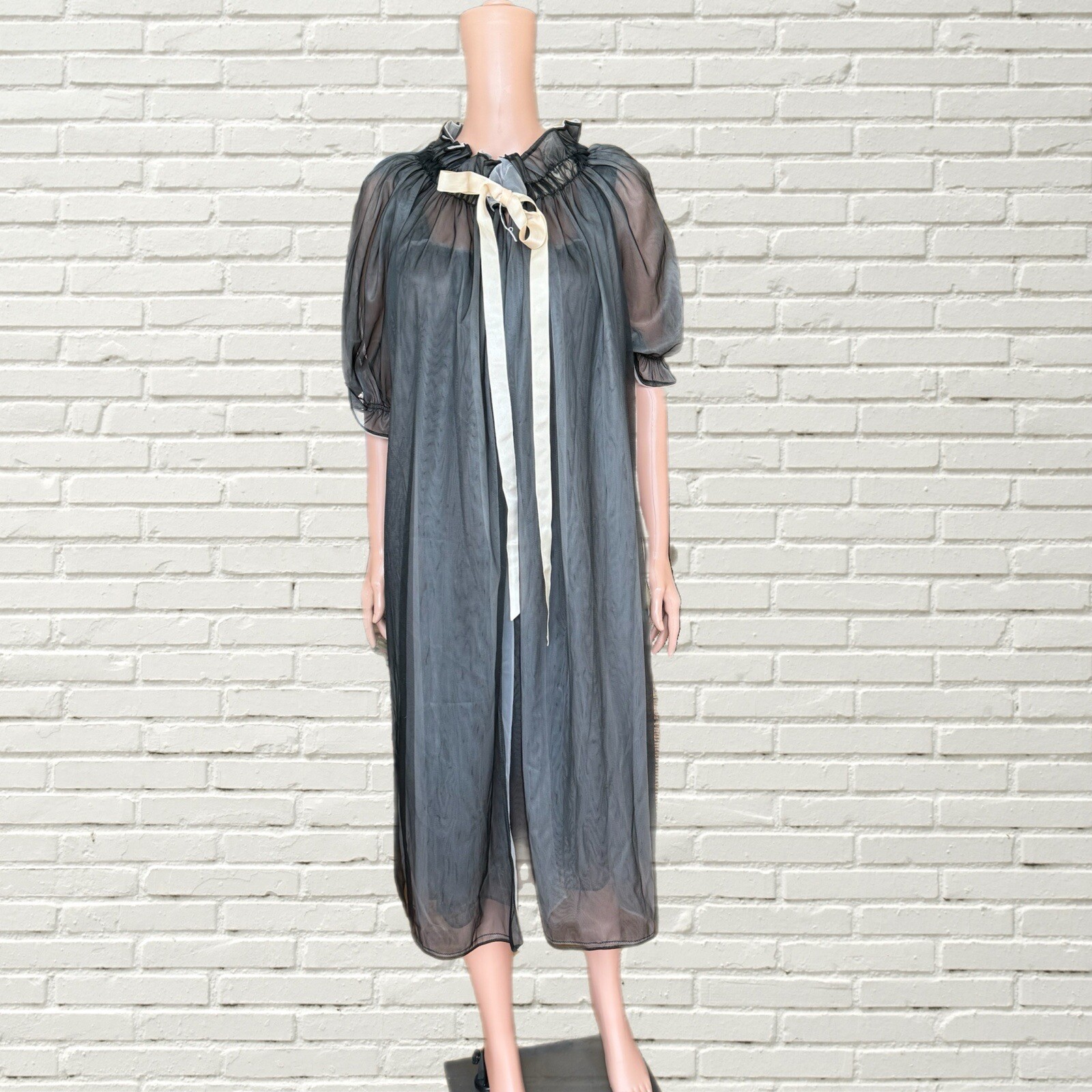 Vintage 50s 60s Black Chiffon Peignoir Slip Dress And Robe Set S/m Amourelle
