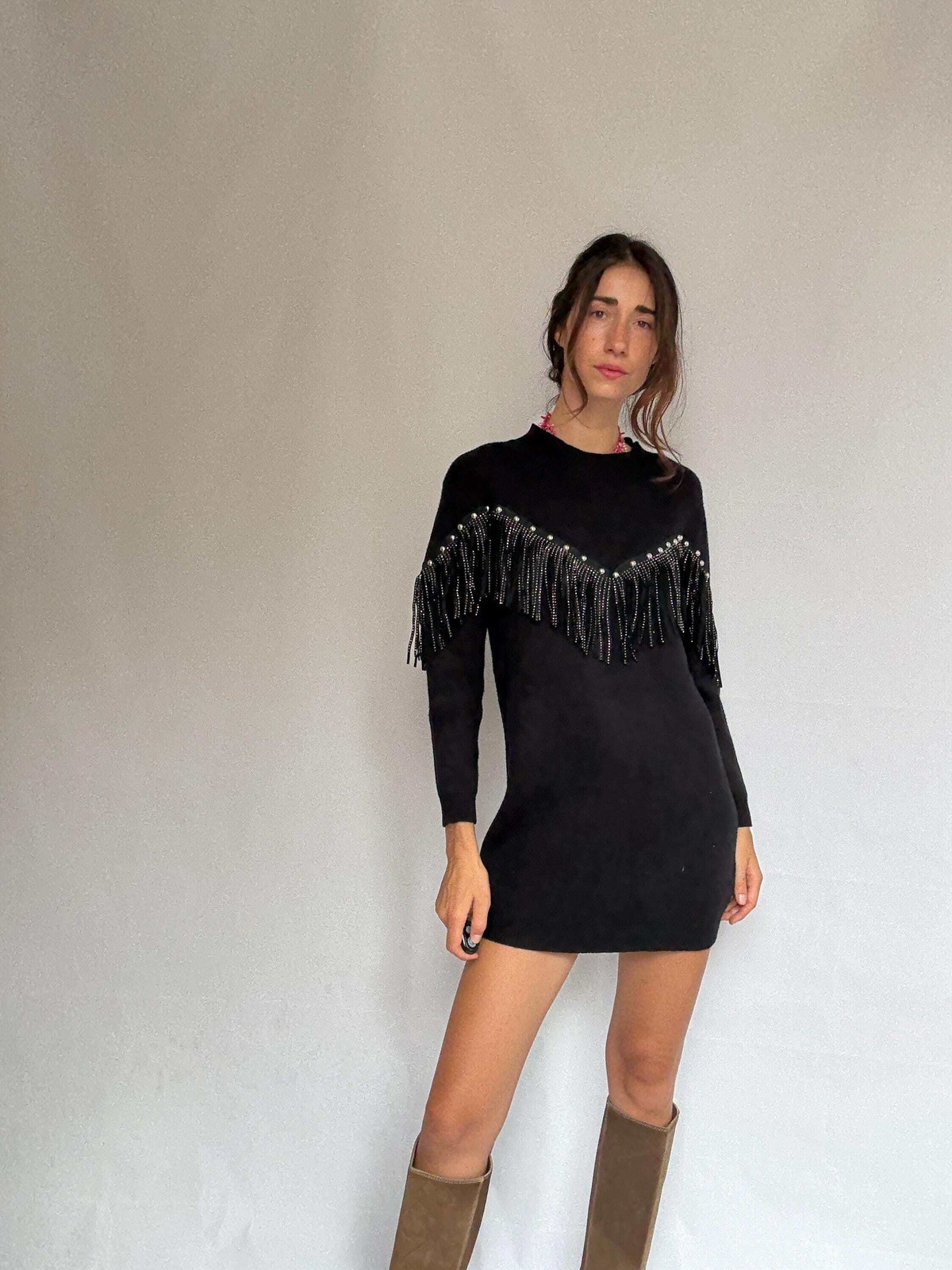 Western black mini dress, Embellished fringe short spring dress, Retro 90s vinta