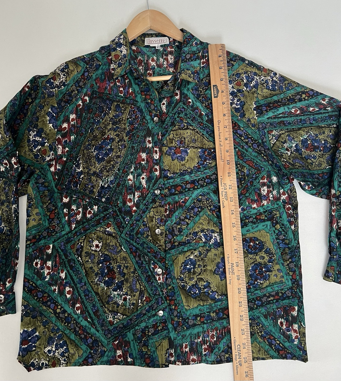 Vintage 80 LASSERRE Paris Floral Green Top Blouse Sz 44/12 US France Luxury Soft