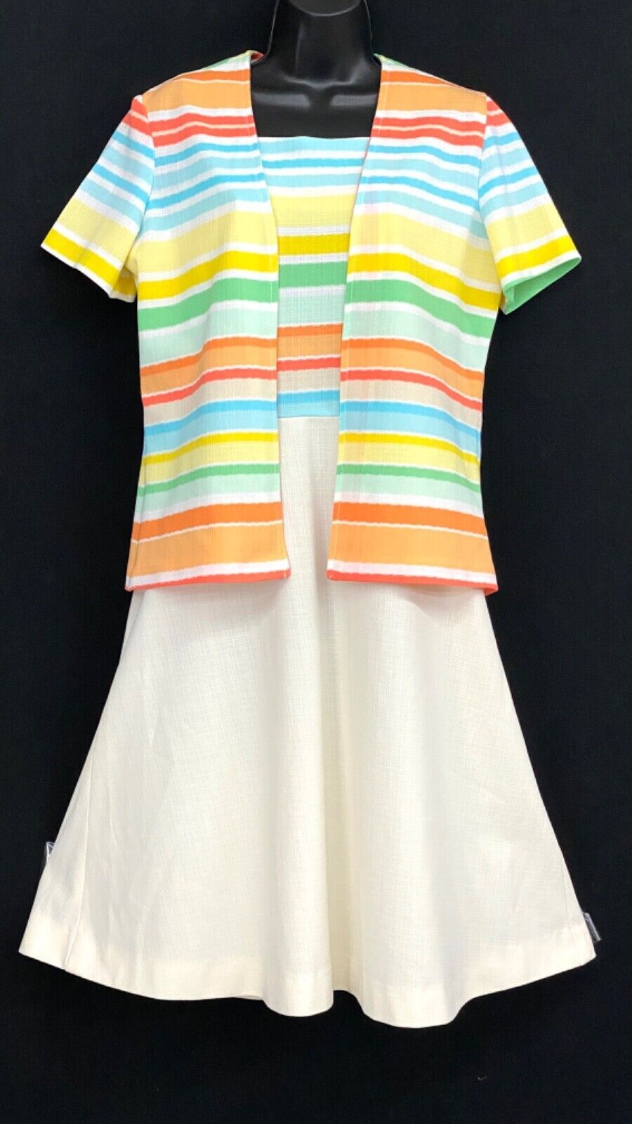 Vintage 1970s rainbow stripe dress set white orange bolero sundress outfit L