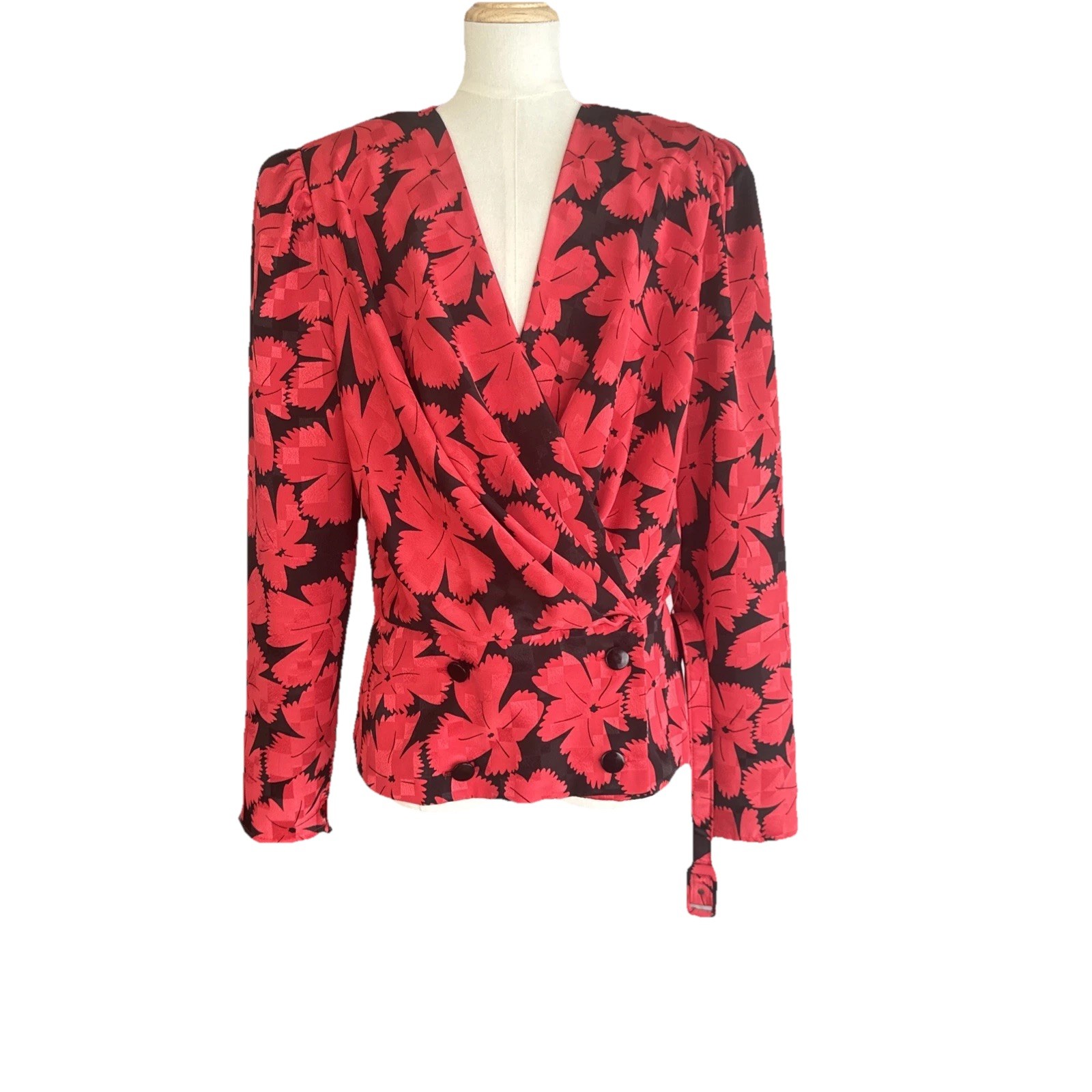 Vintage Nu Mode M Blouse Red Abstract Floral Ruched Fitted Career Elegant Blouse