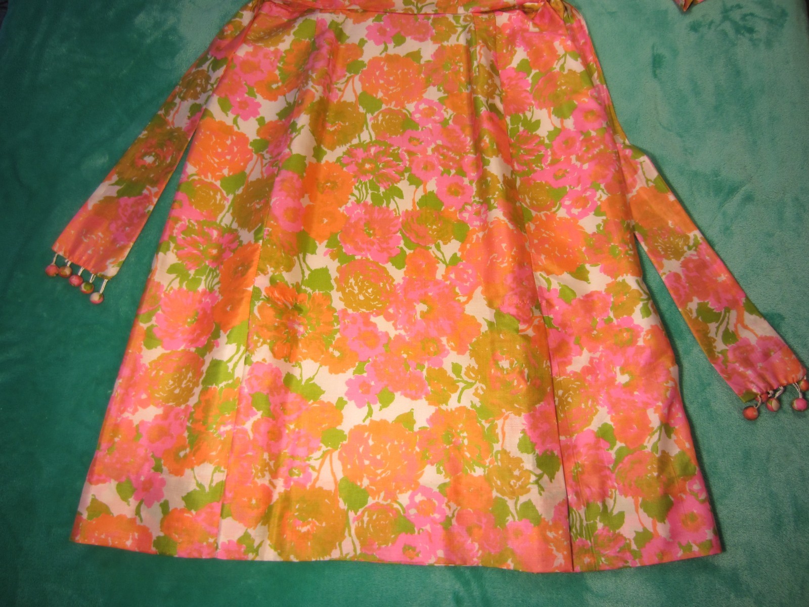 Vintage~Hand Sewn Silk Dress/Belt~60’s Era~Pink/Orange/Olive/Cream~Form Fitting