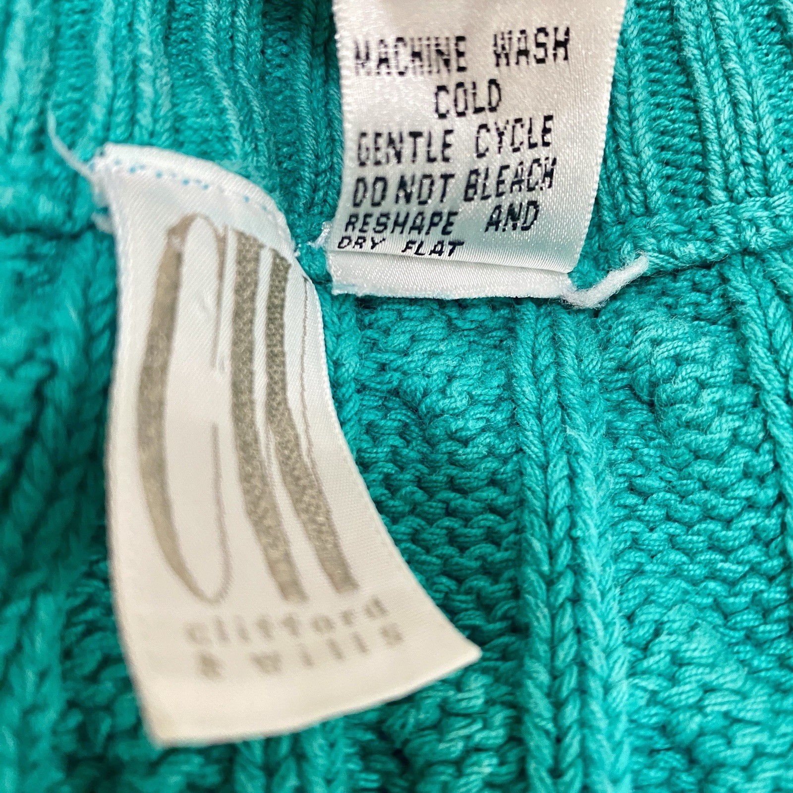 VTG Clifford & Wills Teal Green Cotton Cable Knit V-Neck Sweater Size M