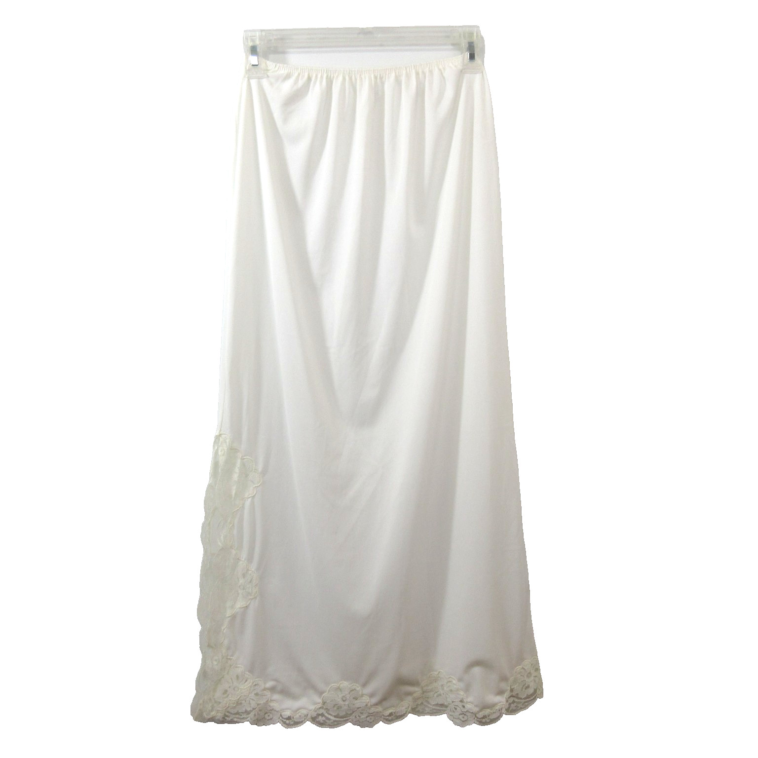 Womens 70s Half Slip Sz Medium 35″ Long Maxi Nylon White Lace 15″ Side Slit VTG