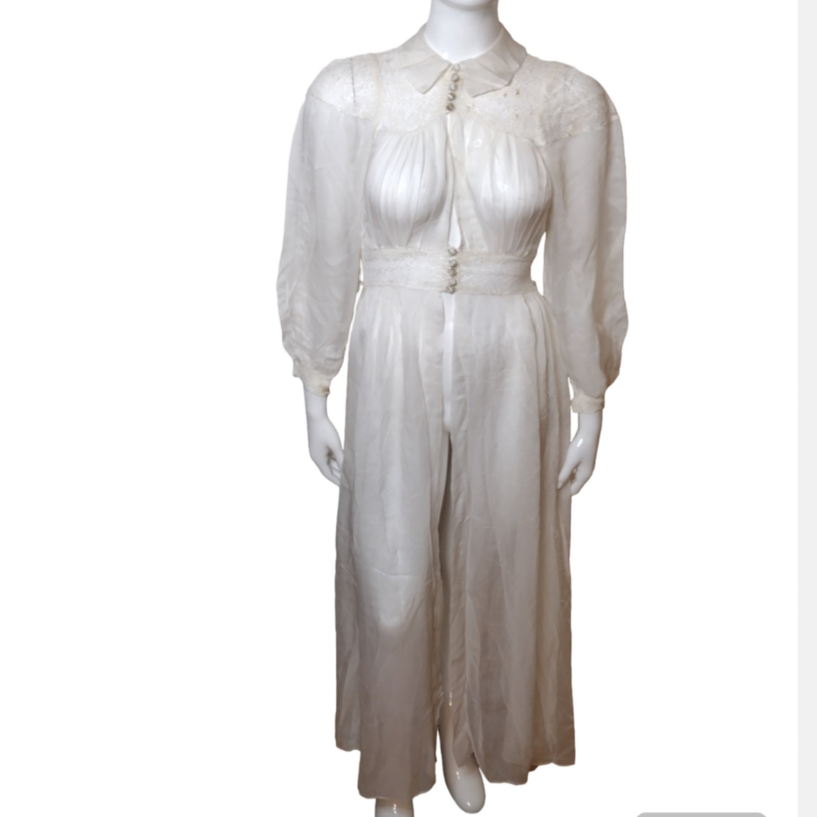 Antique Edwardian Cotton and Lace Tea Gown Dress Victorian 1900’s Embroidered