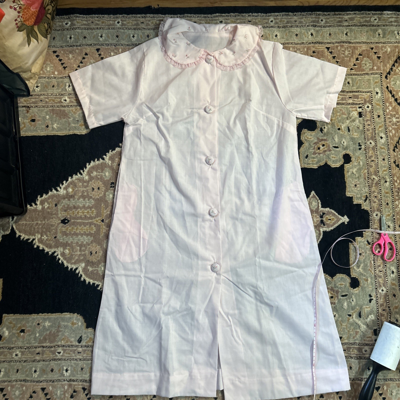 Pink Katz Vintage Housecoat Night Gown Pajamas 1970s Embroidered Size Small