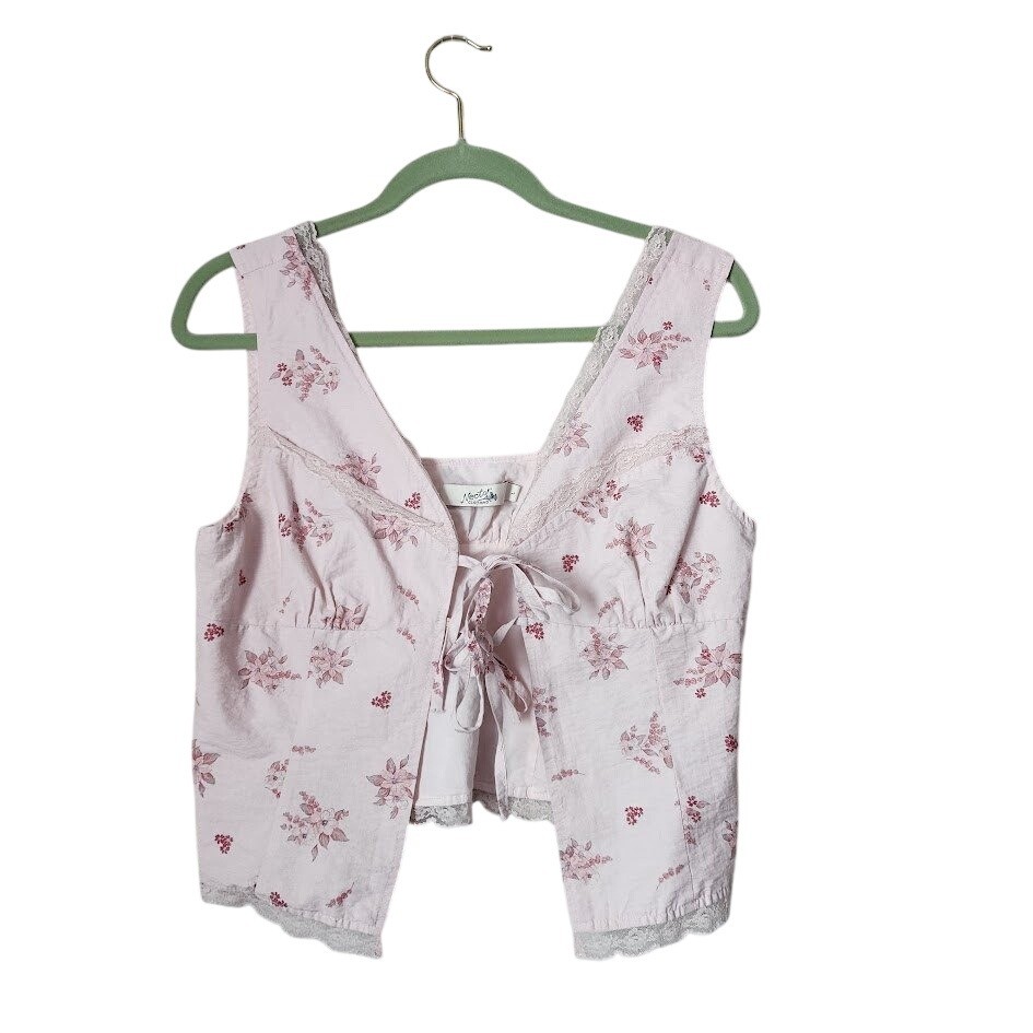 NECTAR Ditsy Floral Vest Coquette Cottagecore Lace Tie Front pink babydoll L
