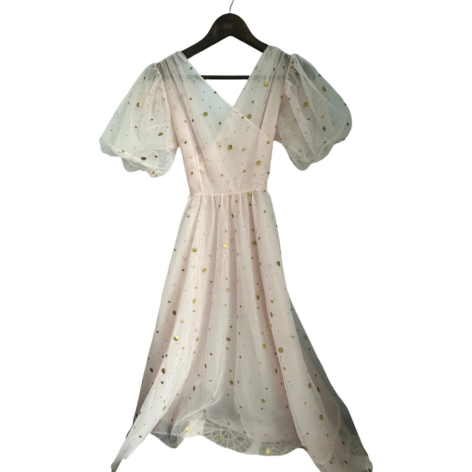 Vintage American Apparel Sheer Tulle Dress Gold Polka Dot Puff Sleeve S