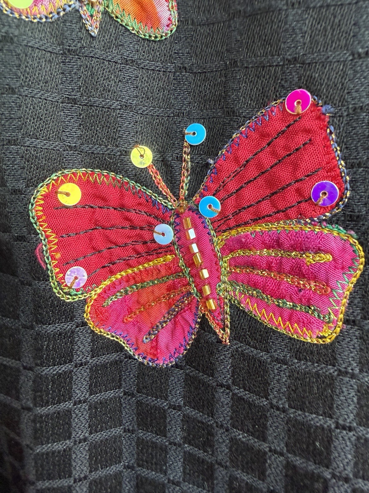 Vintage 80s Allure black embroidered butterflies sequins Asian blazer L glitter