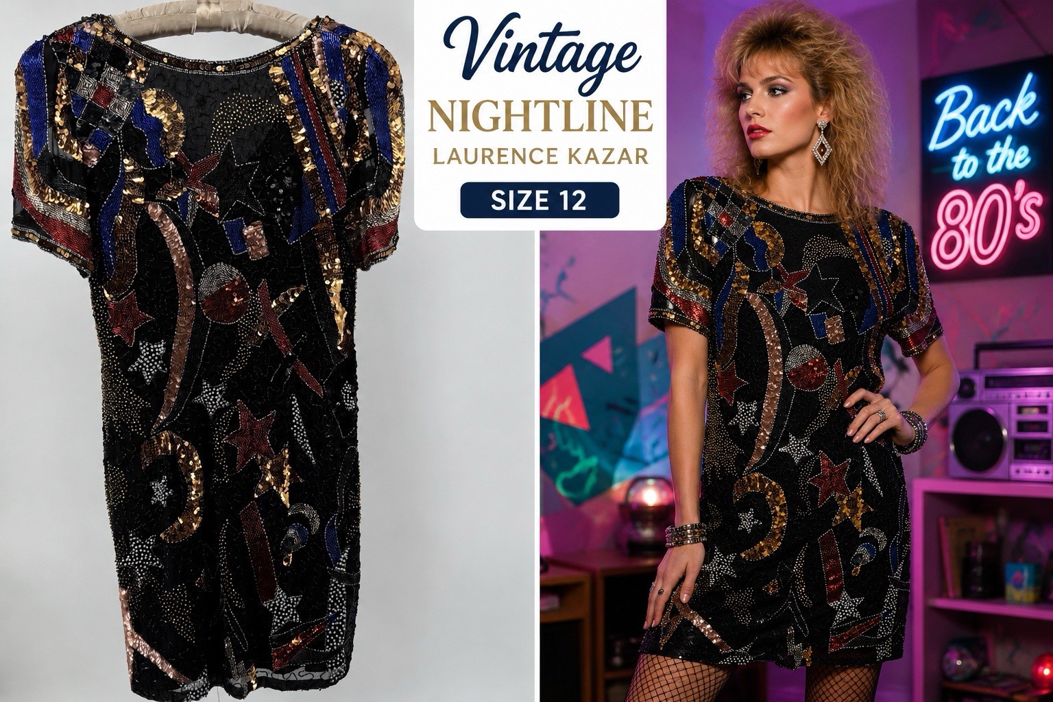 Night Line Laurence Kazar Beaded Sequin Dress 12 VTG 80’s Silk Celestial Art