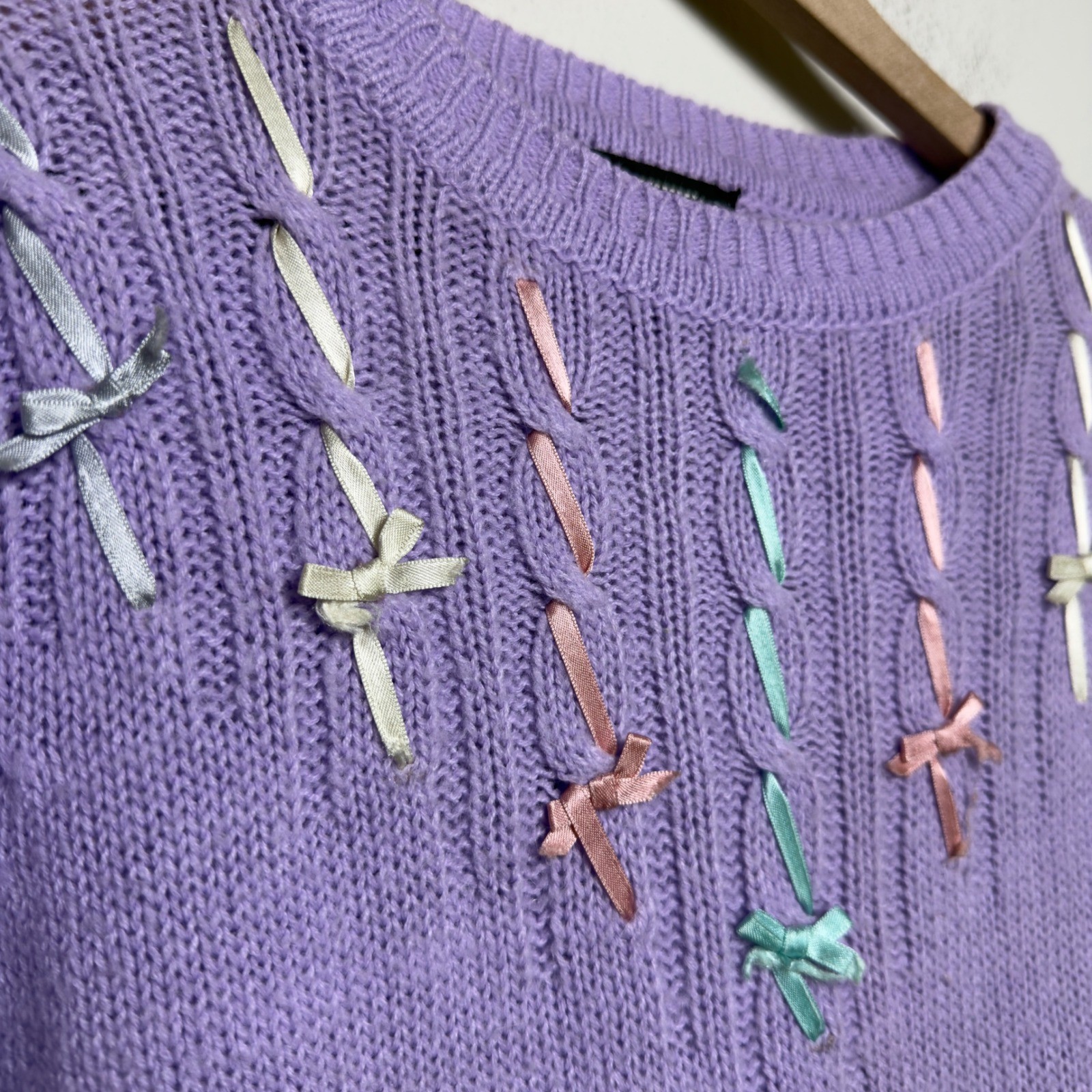 VTG 80s Gitano Women Preppy Coquette Sweater Purple Ribbon Bow Lavender XS