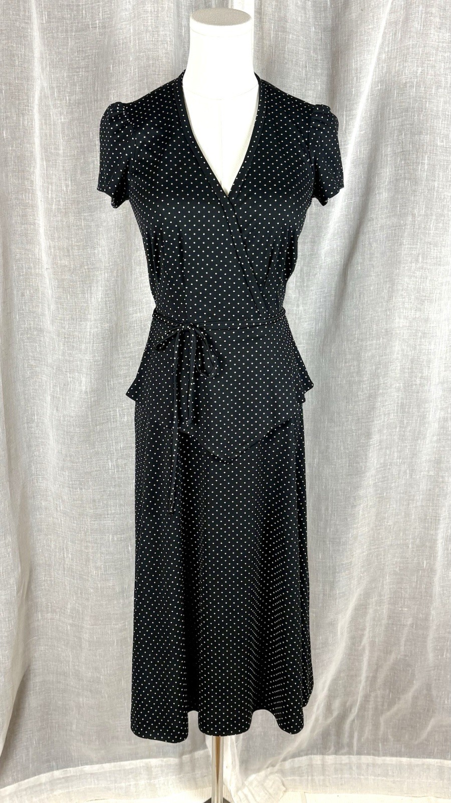 Vintage 70’s Polka Dot Peplum Dress Parisian Chic French Girl Dark Academia Sz S