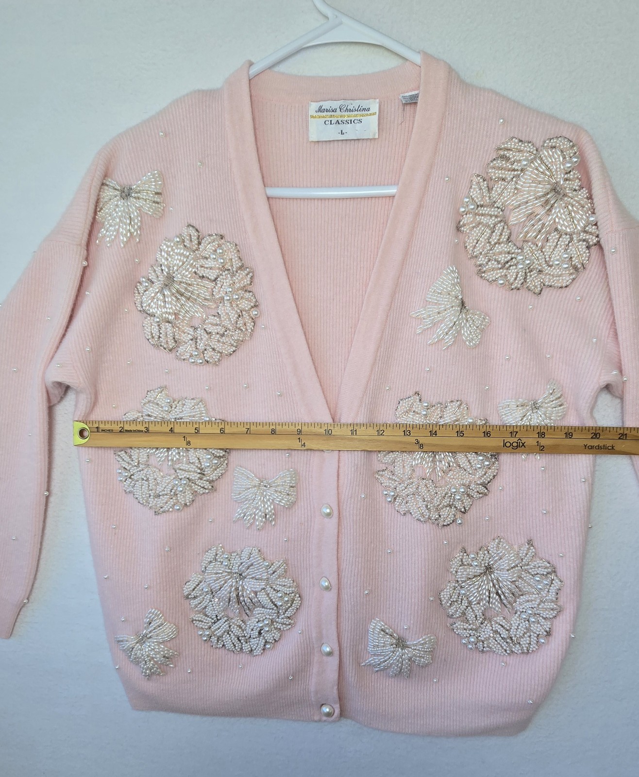 Vtg 90s Grandmacore Cardigan Marisa Christina Bead Embroidered Bows Sz L Wool