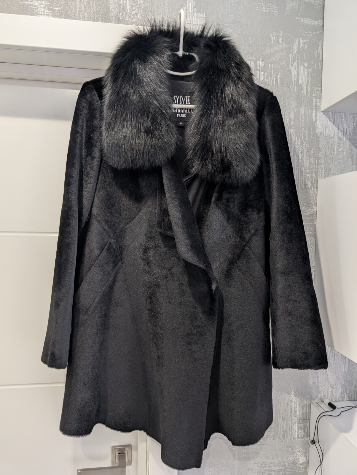 Sylvie Schimmel Pieton France Vintage Black Lamb Shearling Fox Fur Coat Jacket M