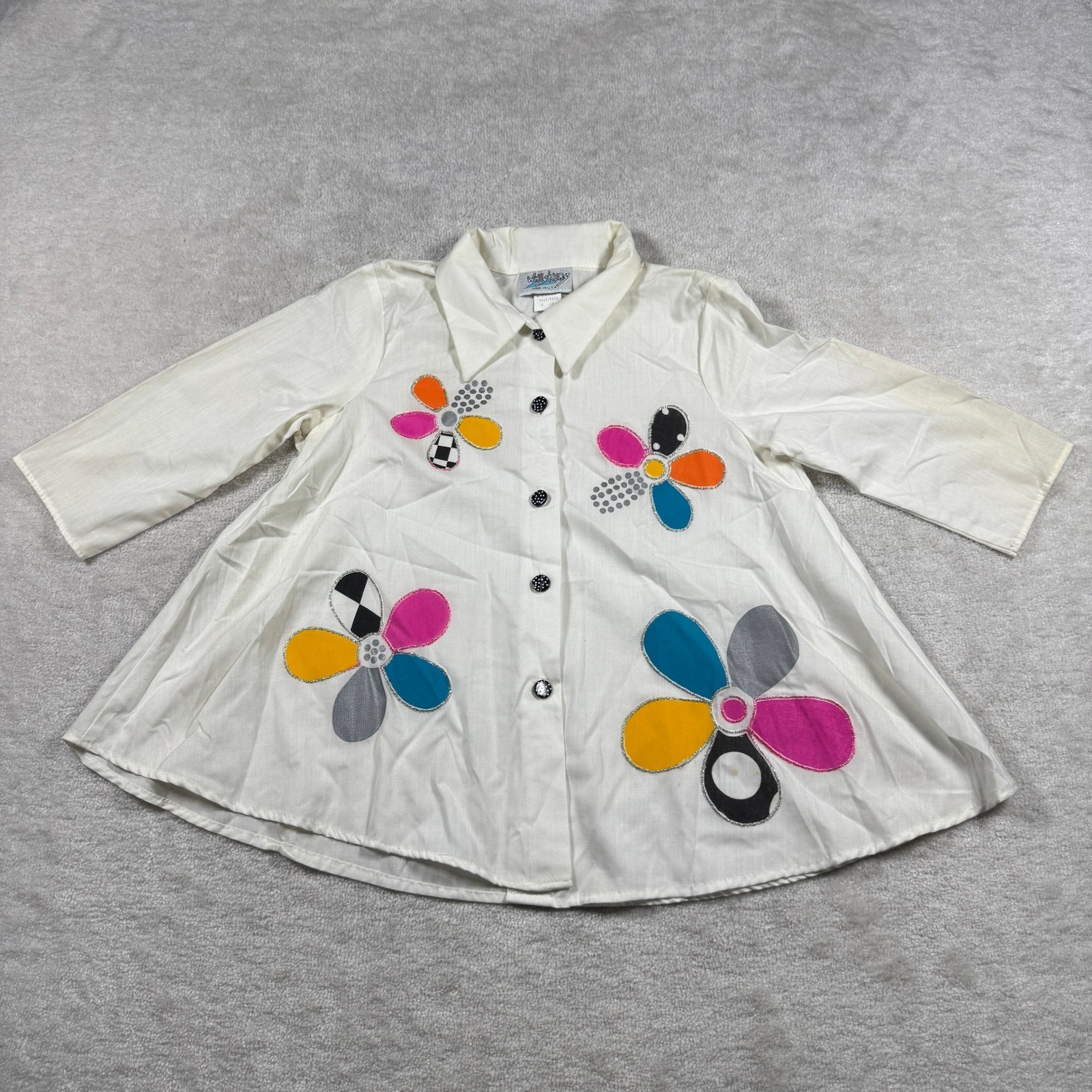 Whiskers Shirt Womens 10 White Floral Applique Swing Top Vintage 90s 3/4 Sleeve