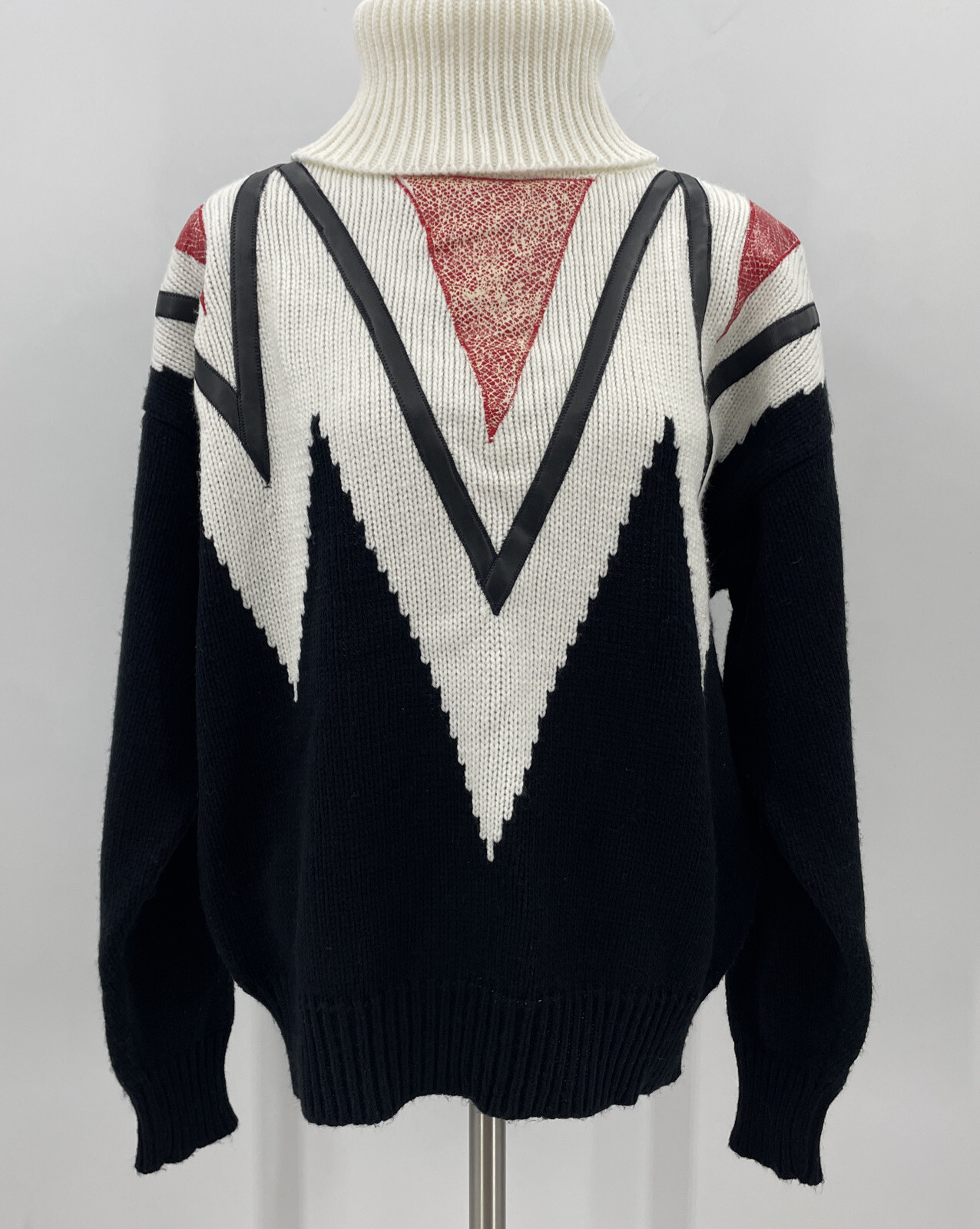 VTG 1980s Black Western Sweater Cameo Rose SZ L Faux Reptile Leather Turtleneck