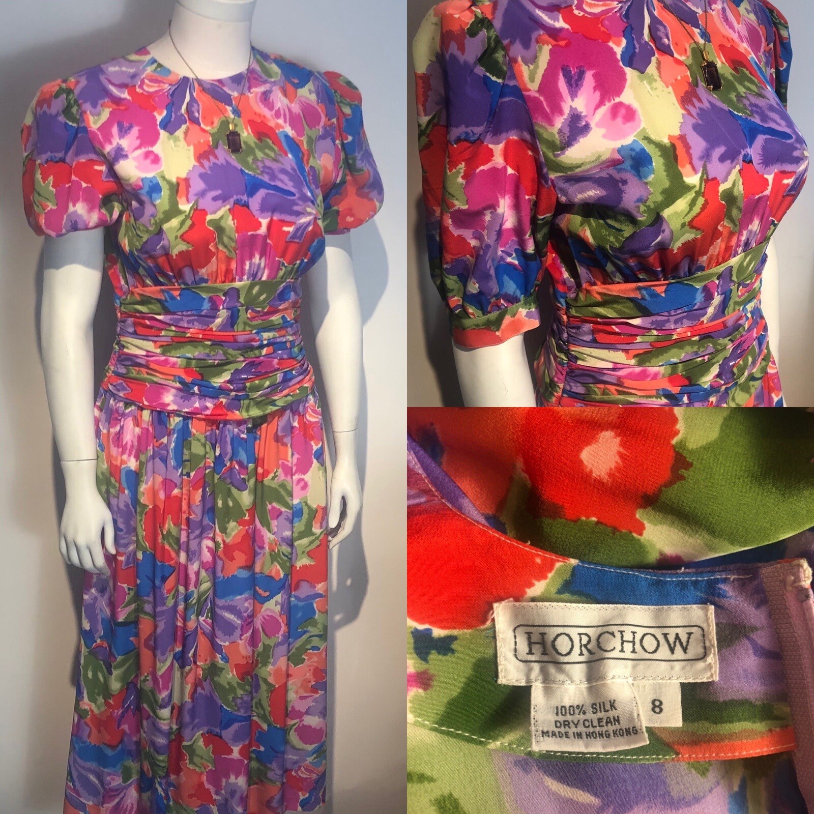 Vtg 80s HORCHOW Silk Floral Dress Size 8 Pouf Sleeves