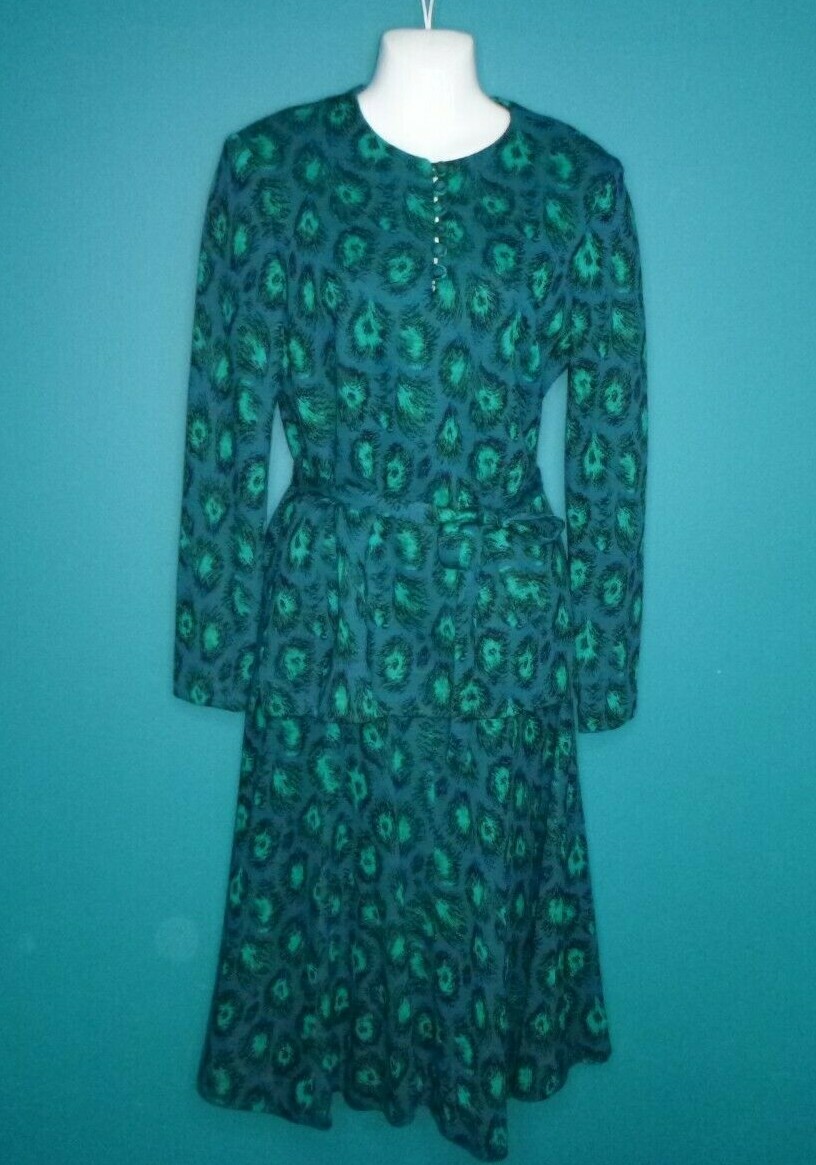 Vtg 60s Anjac Fashions Top Skirt & Scarf Knit Outfit Set Peacock Feathers Sz 12
