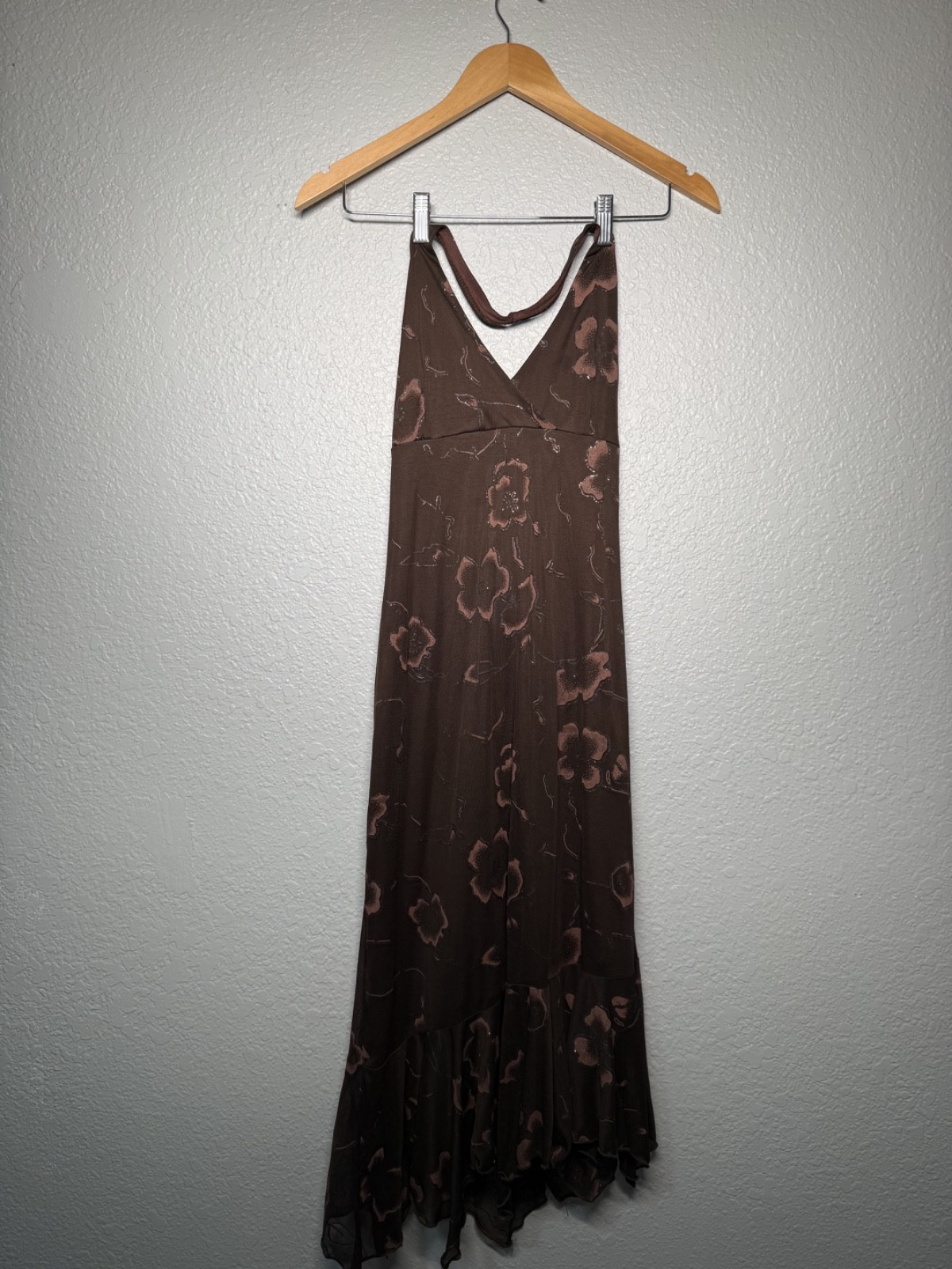 vintage 90s sparkle brown dress ruffle asymmetrical halter flow formal festival