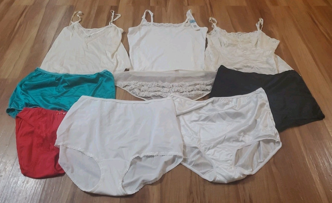 Vintage Panties and Cami Cutter Lot Of 9 Nylon Granny Shiny Lace ALL FLAWED