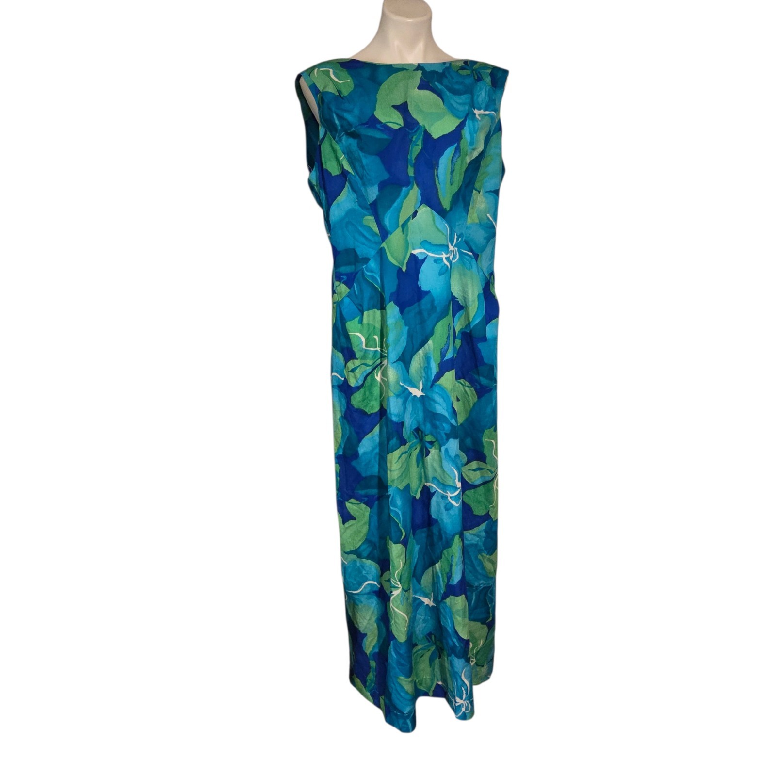 Vintage Liberty House Hawaii Maxi Dress Faux Cape Flowy Blue Green Floral M/L