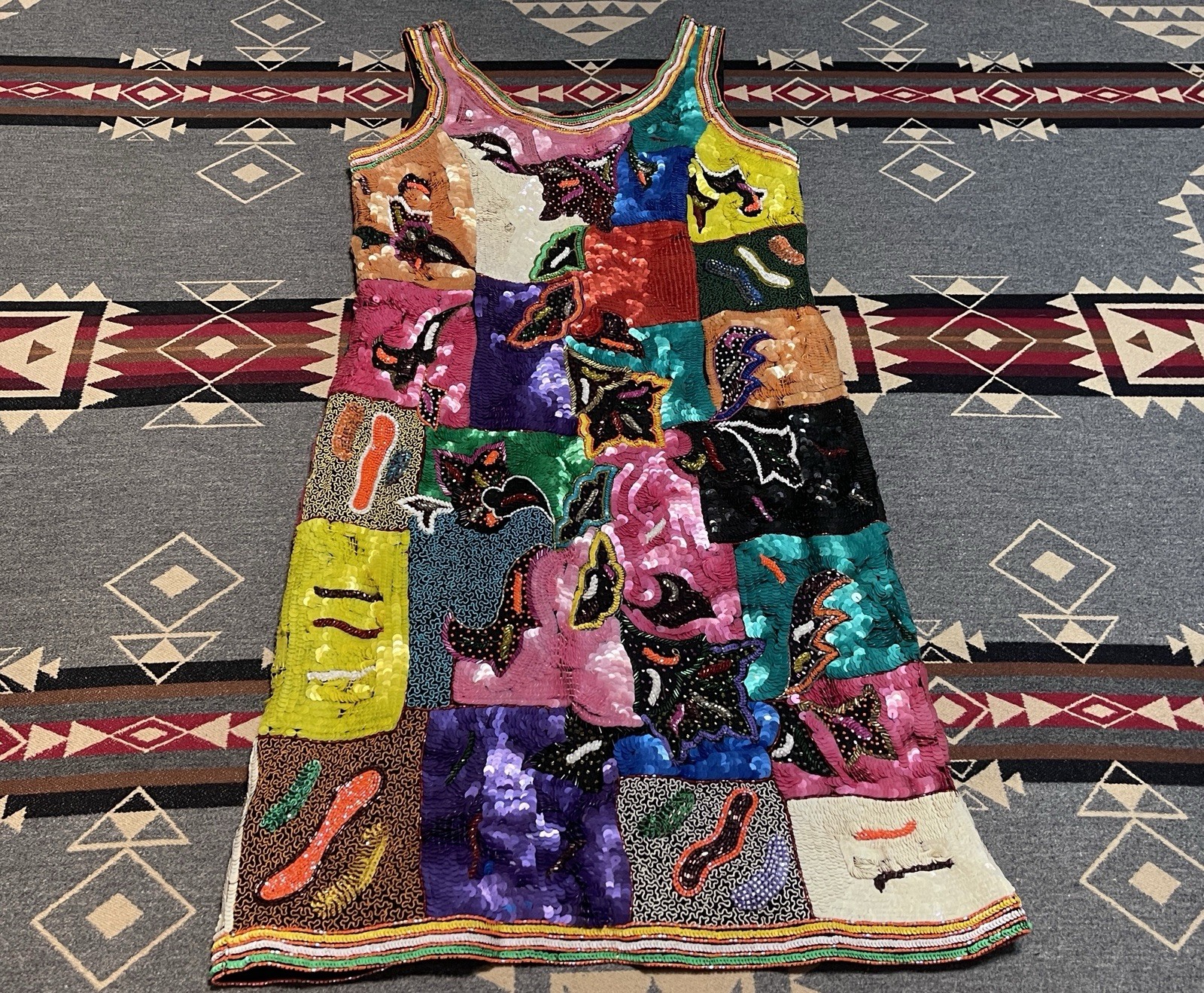 Vintage Frank Usher Silk Beaded Sequin Patchwork Dress India Size S HR