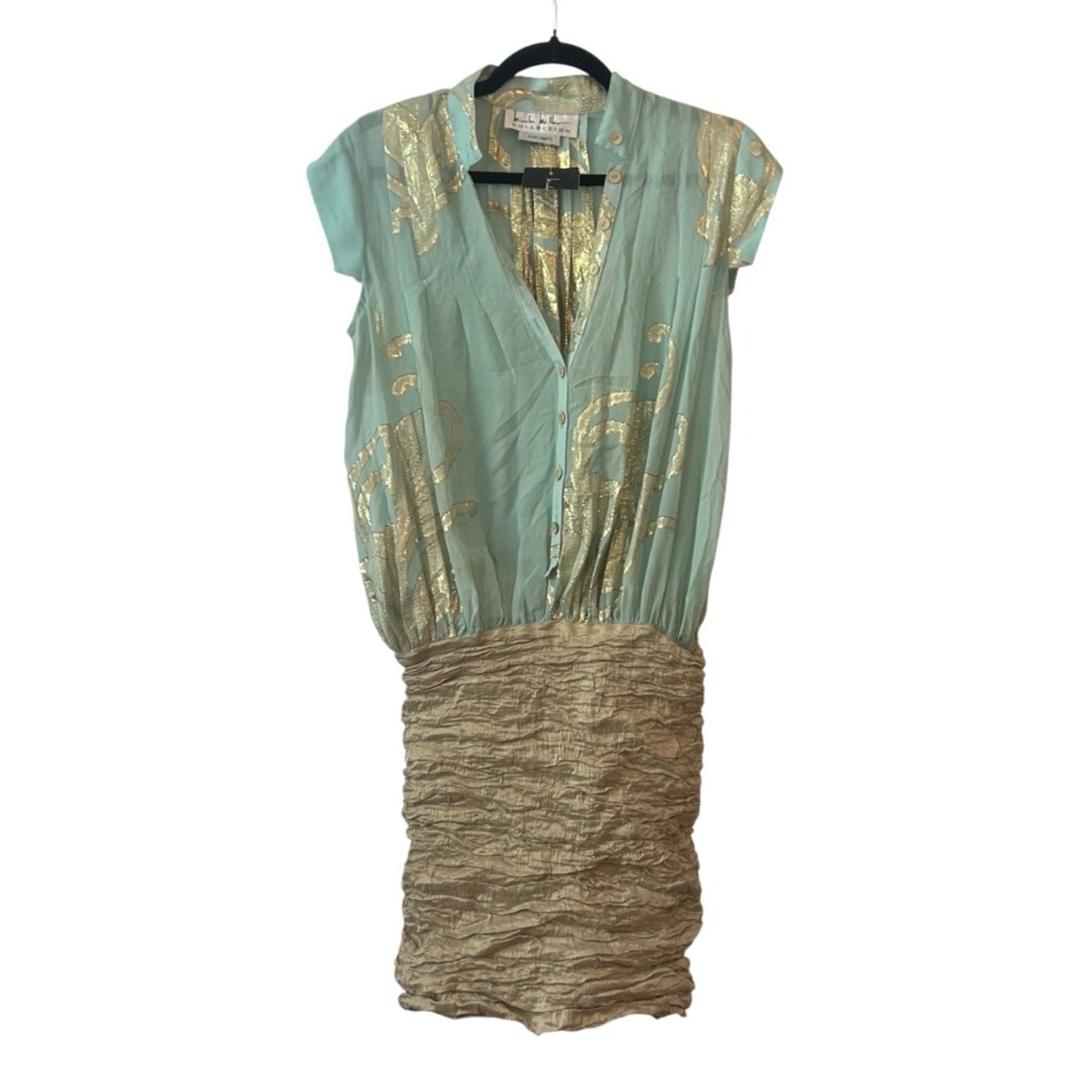 VINTAGE Y2K Nicole Miller Collection Aqua Gold Silk Lurex Mini Dress Medium NEW