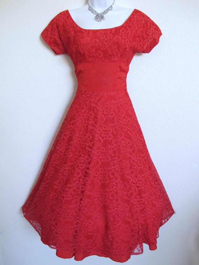 Vintage 50s Valentine Red Lace Party Dress XXS Full Skirt Bustle Back Wasp Waist