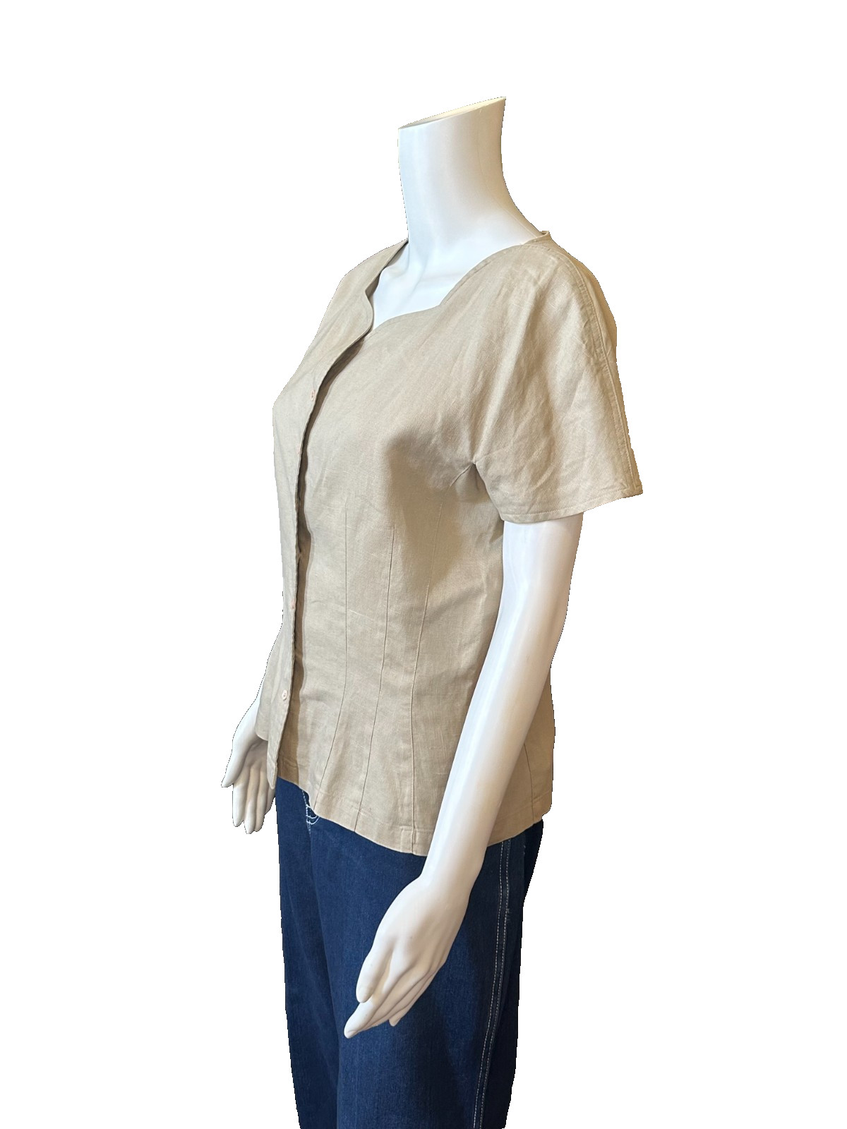 Claude Bennett Short Sleeve 100% Linen Size 12 tan button up blouse vtg