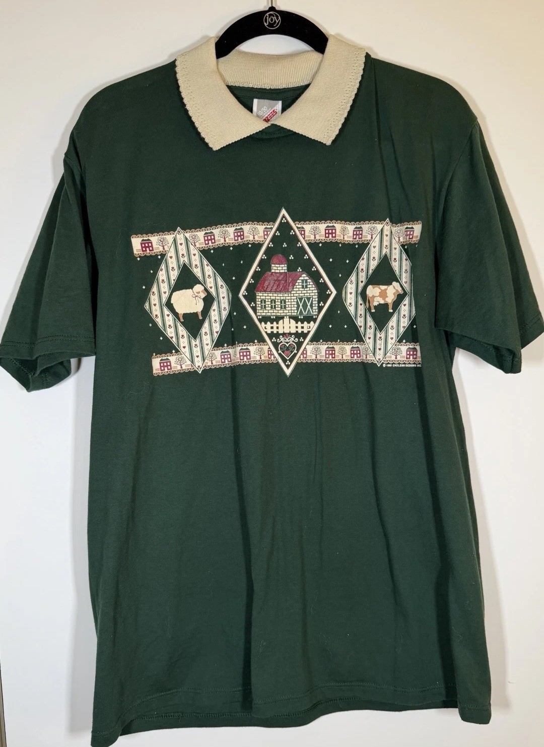 Vintage 90s Jerzees Cows Sheep Cottagecore pointelle collared green tshirt L