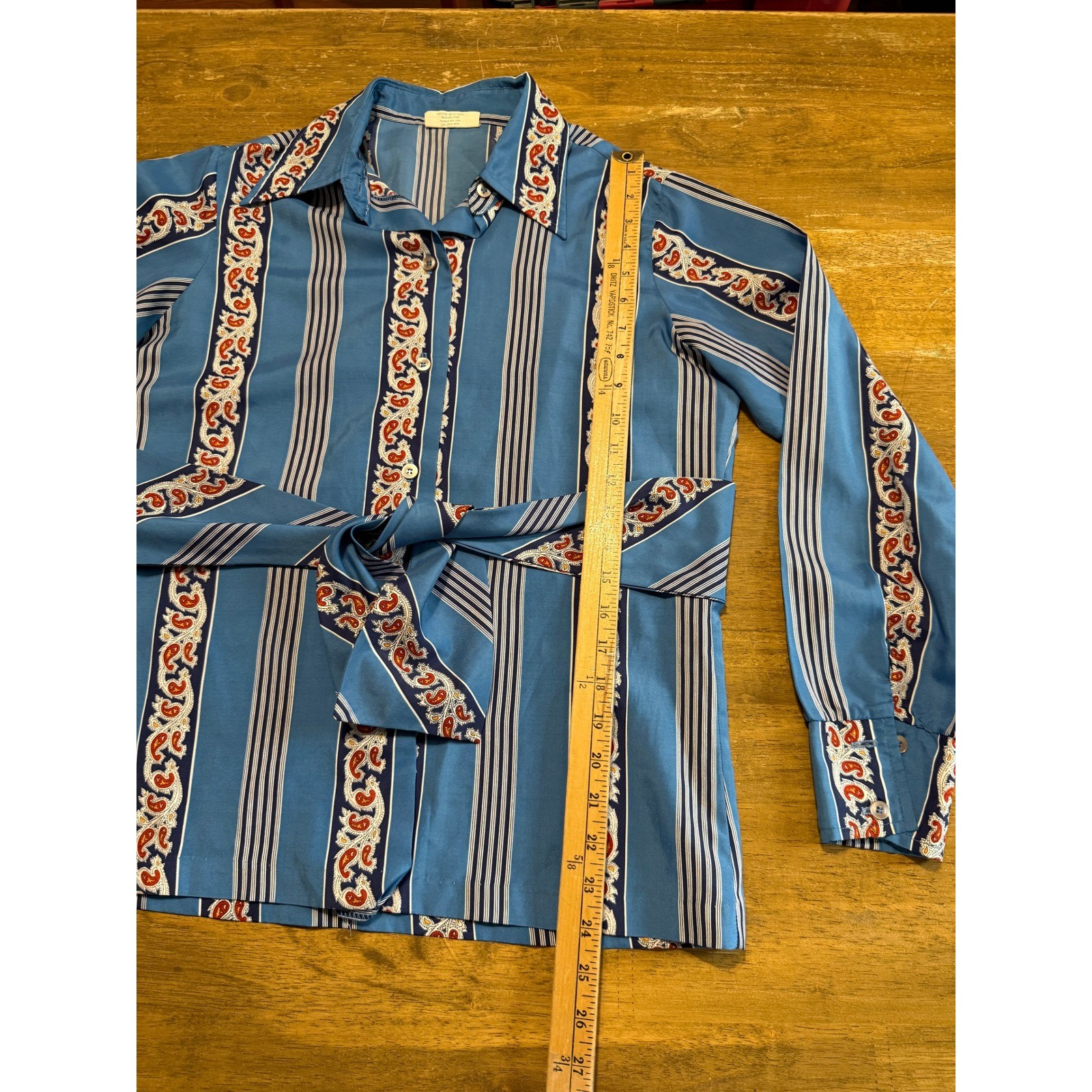 Terry Chicago Blouse Womens Medium Blue Adult Paisley Stripe Belted Excellent
