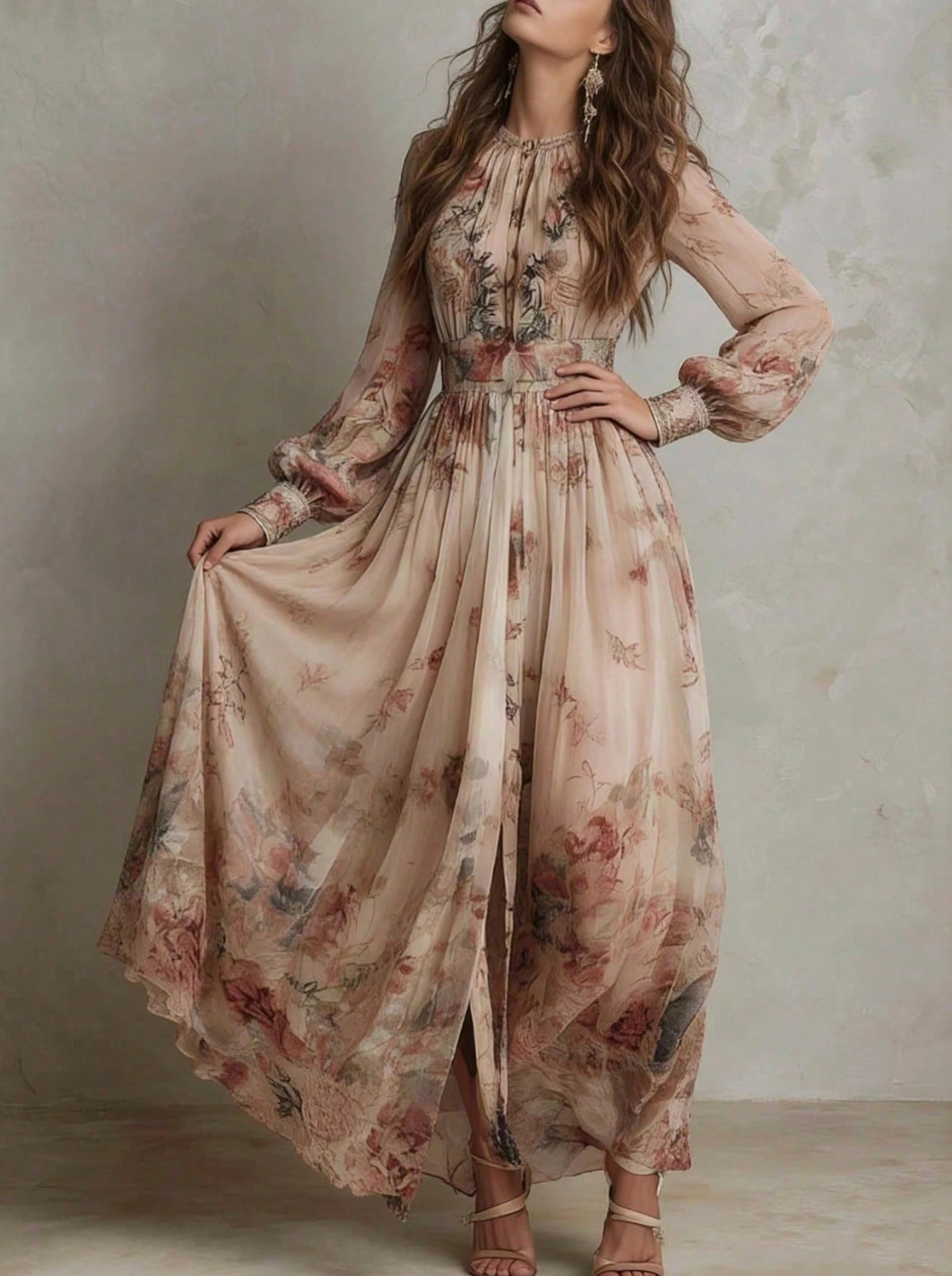 2026 Casual Gown With A Vintage Floral Chiffon Design, Crew Neck, Long Sleeves