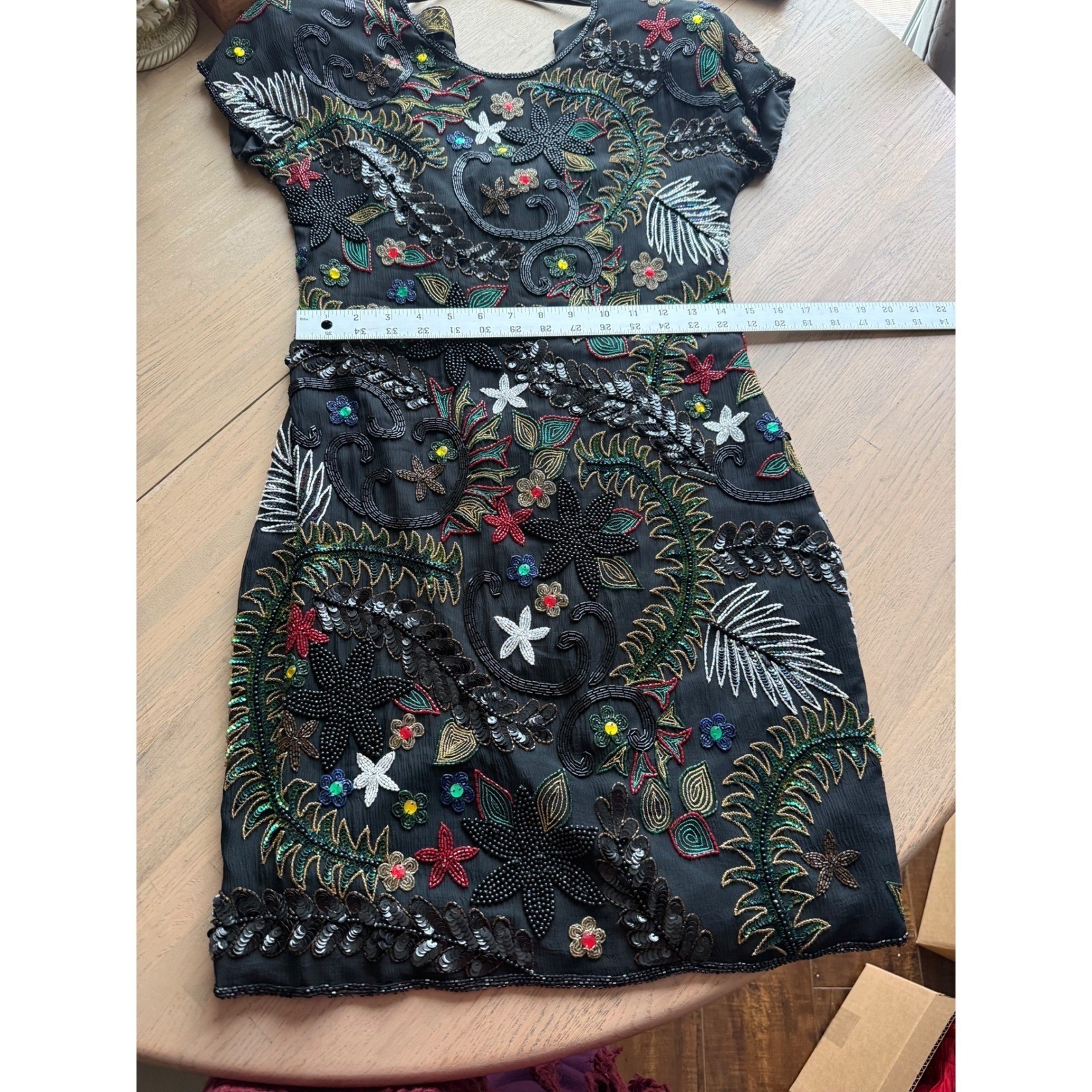 Pure Allure whimsical fairy Vintage Beaded Silk Mini Dress Black Floral Sequin