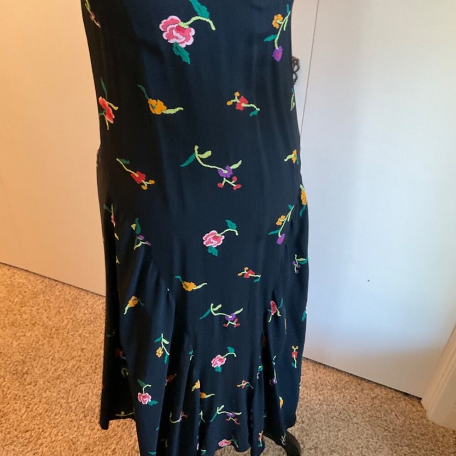 Vintage 80’s Norma Kamali Designer black floral racer back tank maxi midi dress