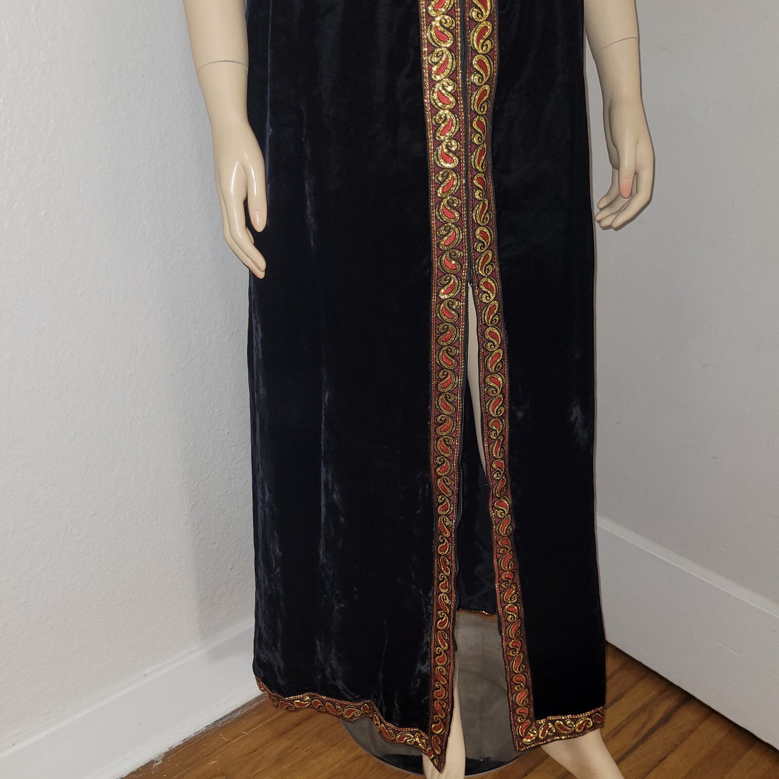 Mod Vintage Black Velvet Hostess Dress With Shorts Red & Gold Paisley Trim 1960s