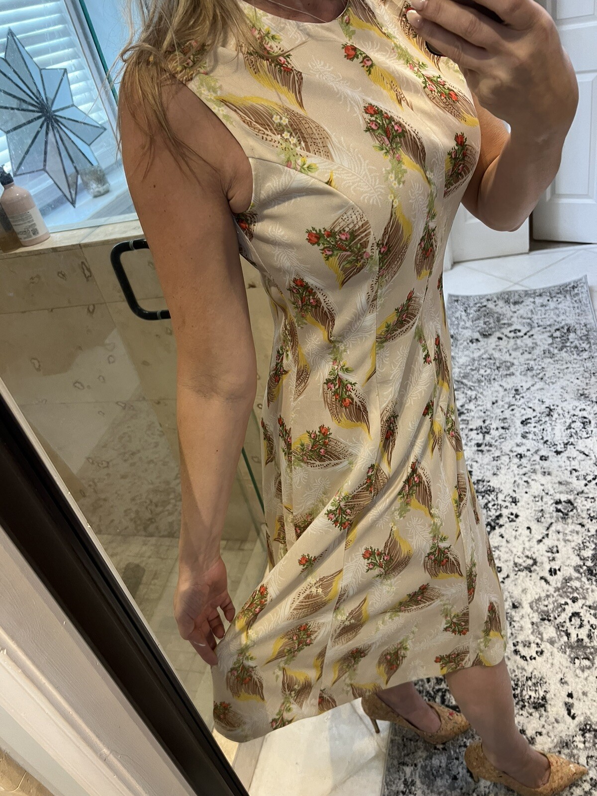 Vintage 70s Sears Tan Pink Floral Print Wheat Brown Midi Dress S M