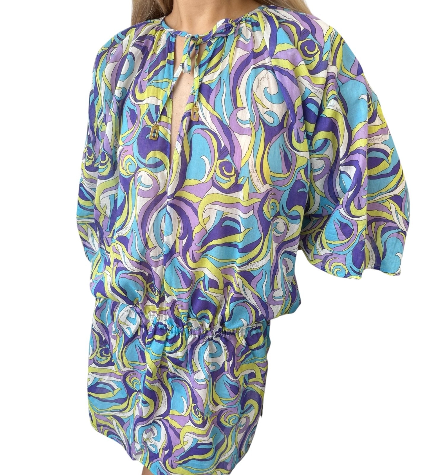 DOLCE&GABBANA Vintage D&G Logo Tunic Dress Top Multicolor Blue Green Cotton