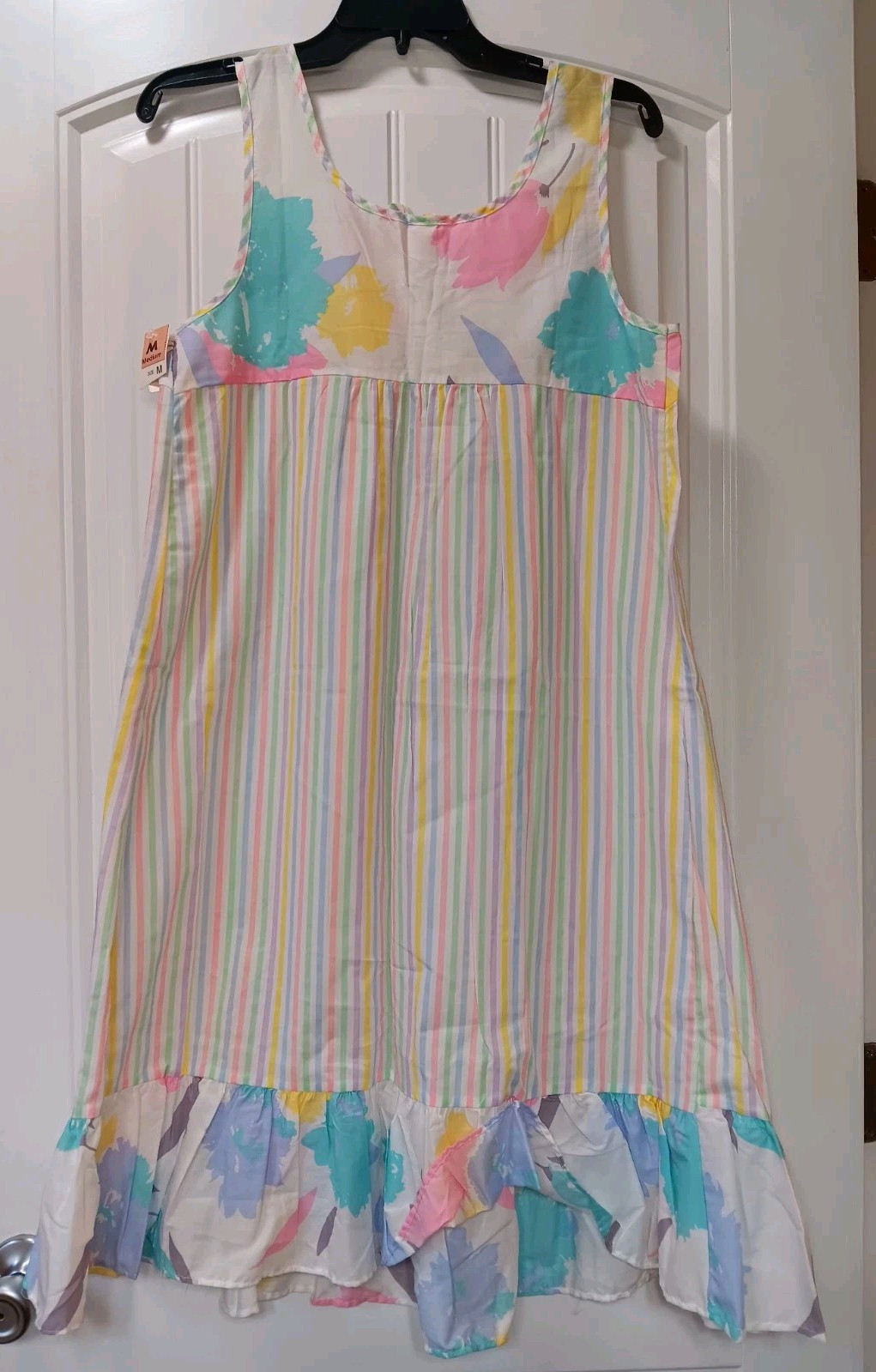 Vtg NWT Texsheen Nightgown Pastels Striped Floral Med Hong Kong Cottagecore