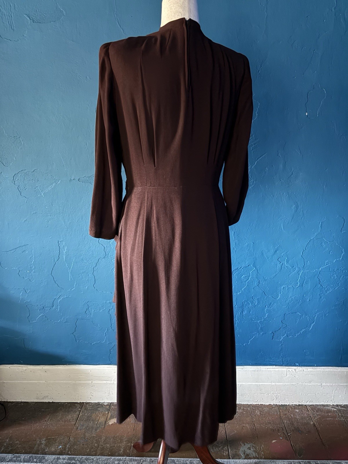 1940’s Rayon Beaded Crepe Chocolate Brown Dress By La Rue 28-29”