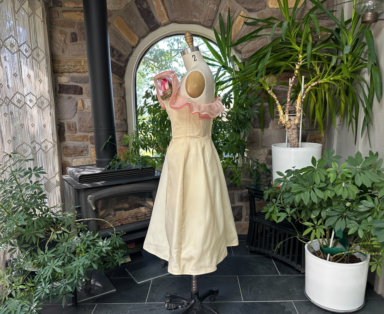 Vintage 1950s Ivory and Pink Silk Organza Off Shoulder Formal Dress Wounded Bird
